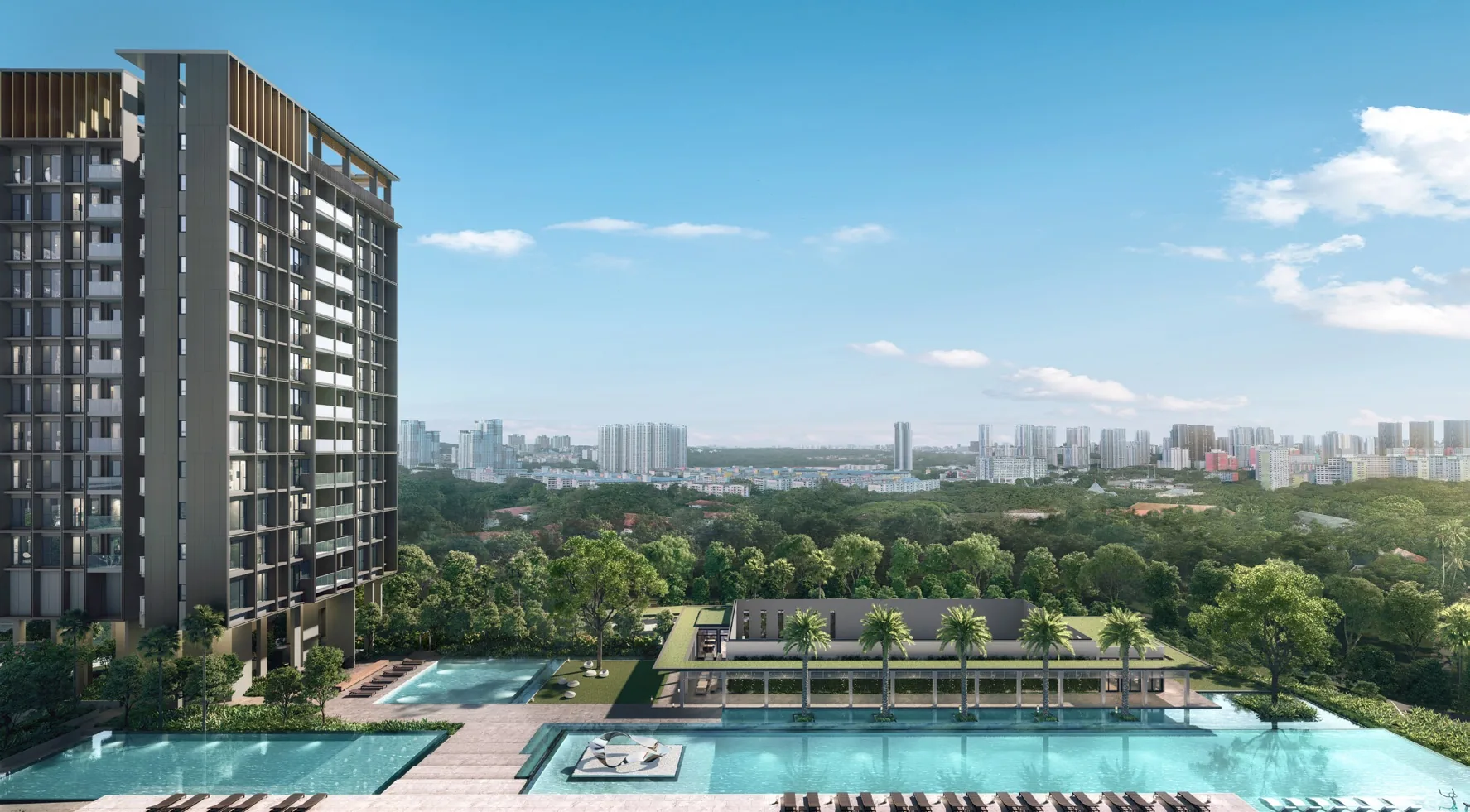 Bloomsbury Residences, artist&rsquo;s impression: the 50-metre lap pool with its sun deck in front of a residential block, the tennis court pavilion behind and the city skyline in the distance