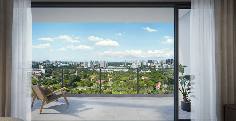 Bloomsbury Residences, artist&rsquo;s impression: a balcony with a lounge chair behind full-height sliding doors, looking out over the trees towards the city
