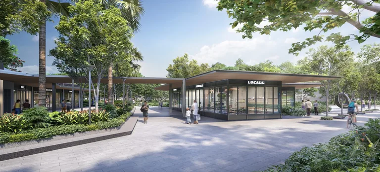Bloomsbury Residences, artist&rsquo;s impression: the Bloomsbury Shoppes retail plaza, a low glass pavilion with a timber canopy set among trees and planting along a wide paved walk