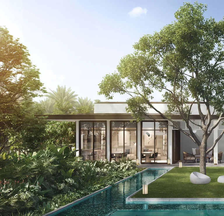 Bloomsbury Residences, artist&rsquo;s impression: the clubhouse behind a lawn with a mature tree and stone seats, edged by a narrow reflecting pool