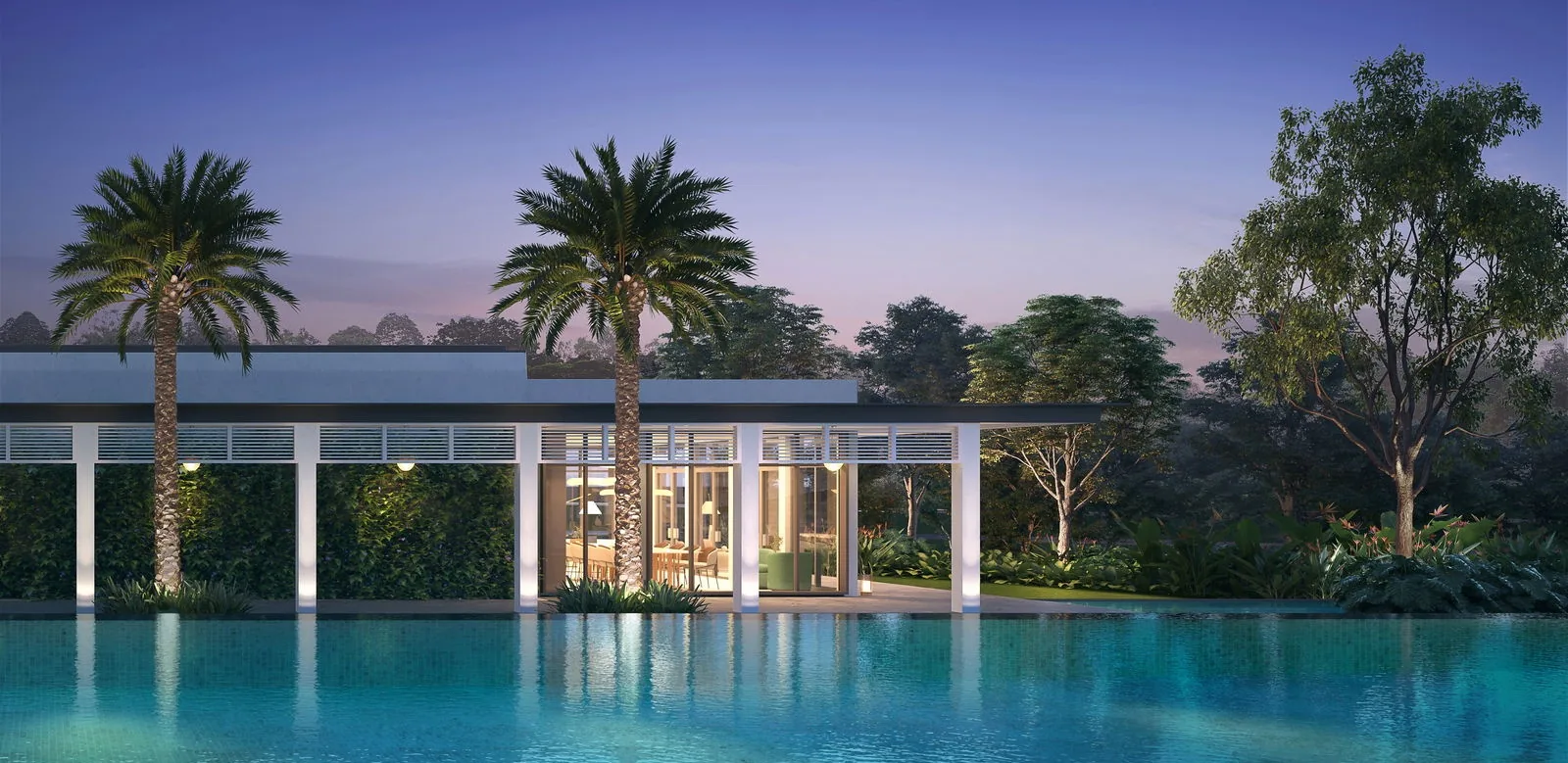 Bloomsbury Residences, artist&rsquo;s impression: the clubhouse lit at dusk behind the pool, with two tall palms and the trees of the estate against an evening sky