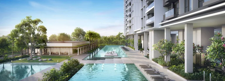 Bloomsbury Residences, artist&rsquo;s impression: the family pool deck between the blocks, with loungers along the water, fountains and a pavilion under the trees