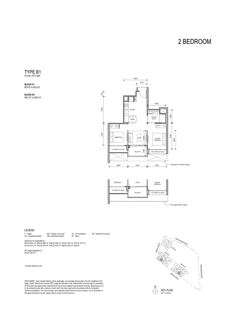 Bloomsbury Residences floor plan, Type B1 (2 Bedroom): 2 bedrooms, 53 sq m (570 sq ft), 38 homes, Block 61 #03-03 to #22-03; Block 65 #03-14 to #20-14 (developer drawing with key plan)