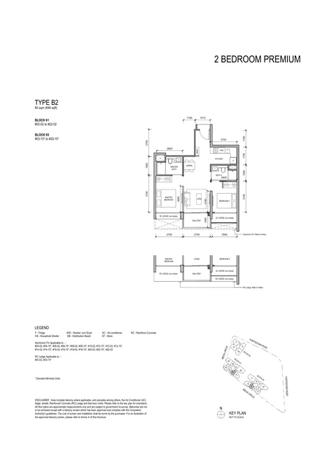 Bloomsbury Residences floor plan, Type B2 (2 Bedroom Premium): 2 bedrooms, 60 sq m (646 sq ft), 38 homes, Block 61 #03-02 to #22-02; Block 65 #03-15 to #20-15 (developer drawing with key plan)