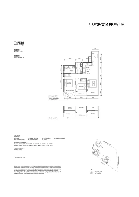 Bloomsbury Residences floor plan, Type B3 (2 Bedroom Premium): 2 bedrooms, 63 sq m (678 sq ft), 38 homes, Block 61 #03-04 to #22-04; Block 65 #03-13 to #20-13 (developer drawing with key plan)