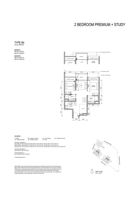Bloomsbury Residences floor plan, Type B4 (2 Bedroom Premium + Study): 2 bedrooms + study, 64 sq m (689 sq ft), 76 homes, Block 61 stacks 06 and 07, 3rd to 22nd storey; Block 65 stacks 18 and 19, 3rd to 20th storey (developer drawing with key plan)