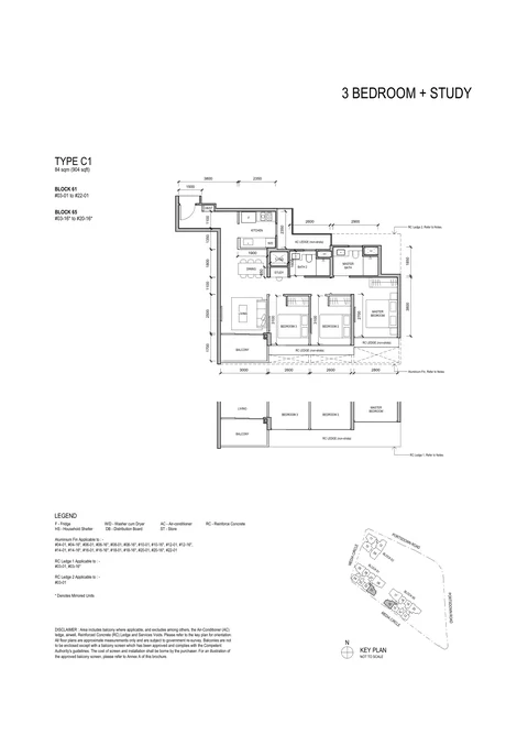 Bloomsbury Residences floor plan, Type C1 (3 Bedroom + Study): 3 bedrooms + study, 84 sq m (904 sq ft), 38 homes, Block 61 #03-01 to #22-01; Block 65 #03-16 to #20-16 (developer drawing with key plan)