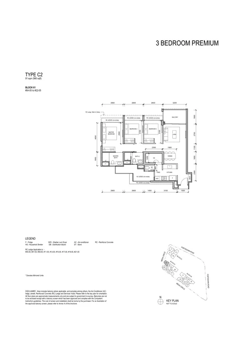 Bloomsbury Residences floor plan, Type C2 (3 Bedroom Premium): 3 bedrooms, 91 sq m (980 sq ft), 19 homes, Block 61 #04-05 to #22-05 (developer drawing with key plan)