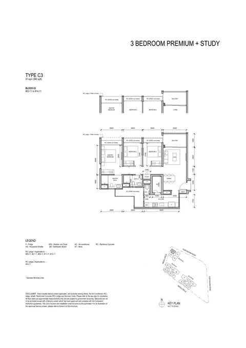 Bloomsbury Residences floor plan, Type C3 (3 Bedroom Premium + Study): 3 bedrooms + study, 91 sq m (980 sq ft), 12 homes, Block 63 #03-11 to #14-11 (developer drawing with key plan)