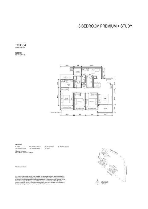 Bloomsbury Residences floor plan, Type C4 (3 Bedroom Premium + Study): 3 bedrooms + study, 92 sq m (990 sq ft), 11 homes, Block 63 #04-10 to #14-10 (developer drawing with key plan)