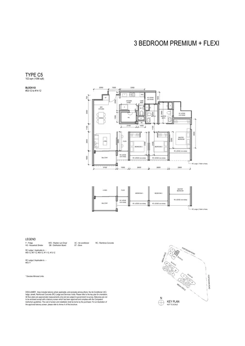 Bloomsbury Residences floor plan, Type C5 (3 Bedroom Premium + Flexi): 3 bedrooms + flexi, 102 sq m (1,098 sq ft), 12 homes, Block 63 #03-12 to #14-12 (developer drawing with key plan)