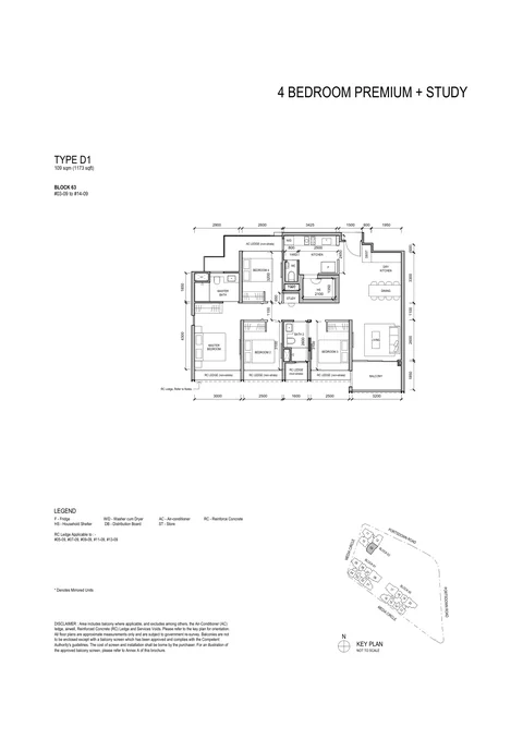 Bloomsbury Residences floor plan, Type D1 (4 Bedroom Premium + Study): 4 bedrooms + study, 109 sq m (1,173 sq ft), 12 homes, Block 63 #03-09 to #14-09 (developer drawing with key plan)