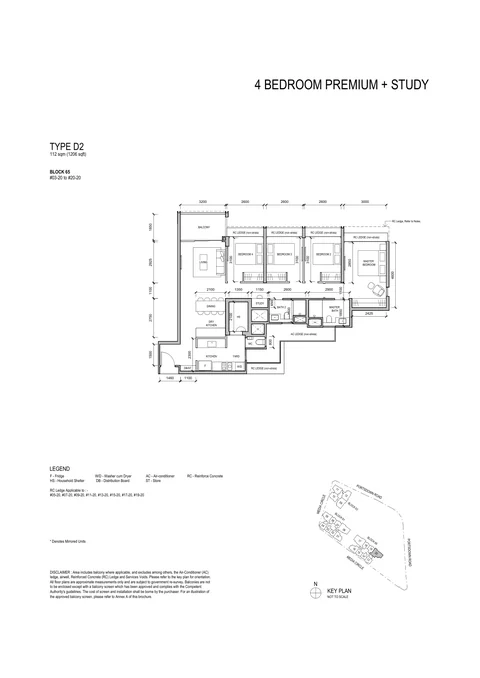 Bloomsbury Residences floor plan, Type D2 (4 Bedroom Premium + Study): 4 bedrooms + study, 112 sq m (1,206 sq ft), 18 homes, Block 65 #03-20 to #20-20 (developer drawing with key plan)