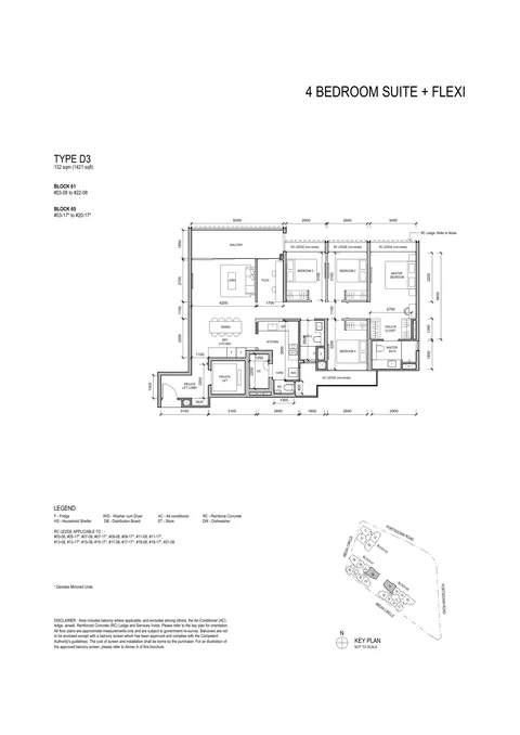 Bloomsbury Residences floor plan, Type D3 (4 Bedroom Suite + Flexi): 4 bedrooms + flexi, private lift, 132 sq m (1,421 sq ft), 38 homes, Block 61 #03-08 to #22-08; Block 65 #03-17 to #20-17 (developer drawing with key plan)