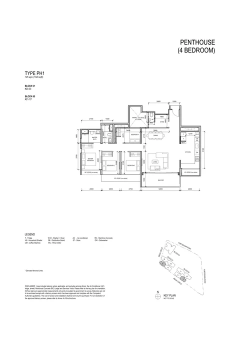 Bloomsbury Residences floor plan, Type PH1 (Penthouse (4 Bedroom)): 4 bedrooms, 125 sq m (1,345 sq ft), 2 homes, Block 61 #23-03; Block 65 #21-13 (developer drawing with key plan)