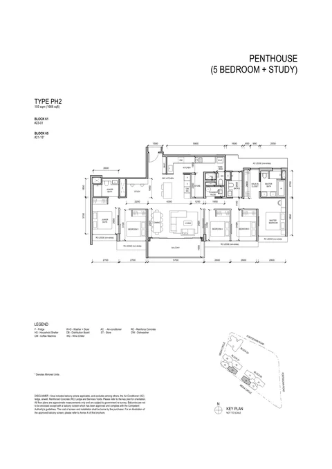 Bloomsbury Residences floor plan, Type PH2 (Penthouse (5 Bedroom + Study)): 5 bedrooms + study, 155 sq m (1,668 sq ft), 2 homes, Block 61 #23-01; Block 65 #21-15 (developer drawing with key plan)