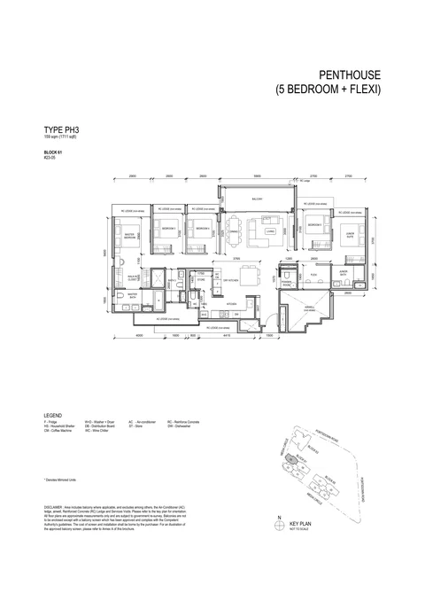 Bloomsbury Residences floor plan, Type PH3 (Penthouse (5 Bedroom + Flexi)): 5 bedrooms + flexi, 159 sq m (1,711 sq ft), 1 home, Block 61 #23-05 (developer drawing with key plan)
