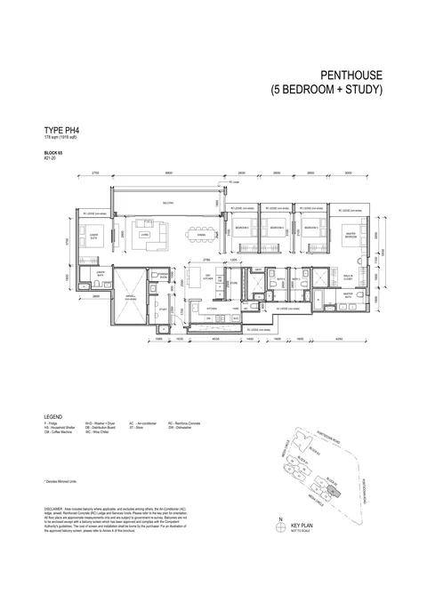 Bloomsbury Residences floor plan, Type PH4 (Penthouse (5 Bedroom + Study)): 5 bedrooms + study, 178 sq m (1,916 sq ft), 1 home, Block 65 #21-20 (developer drawing with key plan)