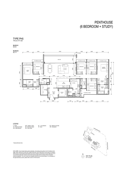 Bloomsbury Residences floor plan, Type PH5 (Penthouse (6 Bedroom + Study)): 6 bedrooms + study, 198 sq m (2,131 sq ft), 2 homes, Block 61 #23-08; Block 65 #21-17 (developer drawing with key plan)