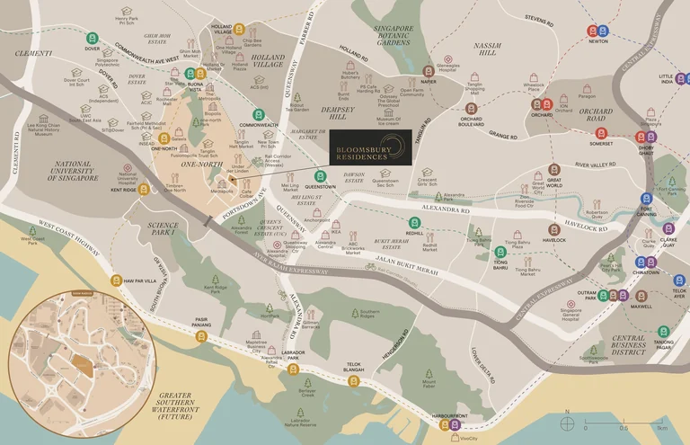 Bloomsbury Residences location map (developer drawing): the development at Mediapolis in one-north beside the Wessex estate, with the MRT stations, schools, parks and shopping around Buona Vista, Holland Village, Queenstown and the city