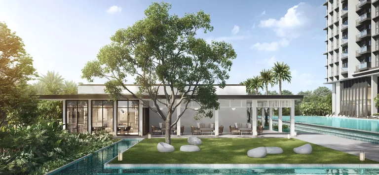 Bloomsbury Residences, artist&rsquo;s impression: the reading lounge pavilion facing the club lawn, with glass walls, sculpted stone seats on the grass and a pool along the edge
