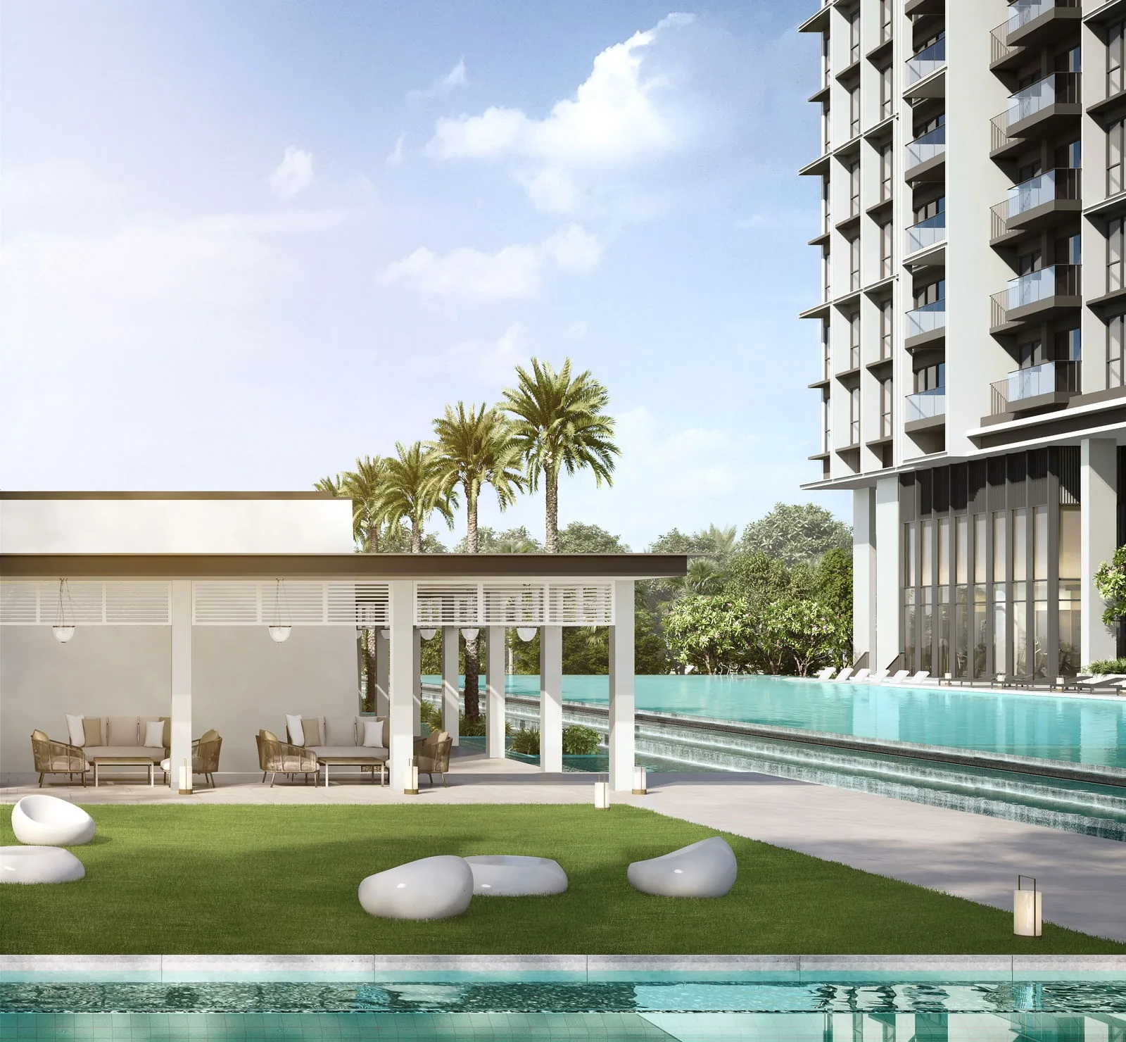 Bloomsbury Residences, artist&rsquo;s impression: the reading veranda pavilion beside the lawn and the pool, with a residential block rising behind