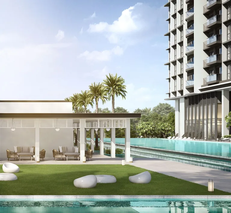 Bloomsbury Residences, artist&rsquo;s impression: the reading veranda pavilion beside the lawn and the pool, with a residential block rising behind