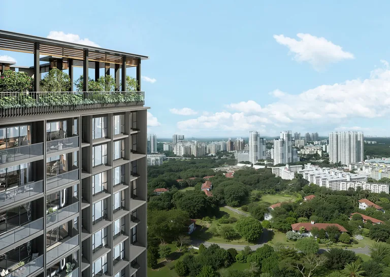 Bloomsbury Residences, artist&rsquo;s impression: a roof garden at the top of a block with balconies below, looking north over the treetops and red roofs of the Wessex estate