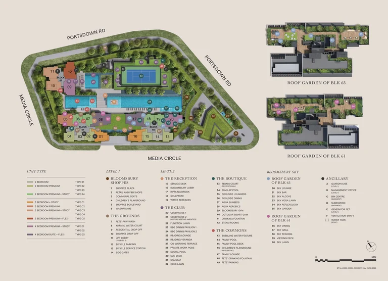 Bloomsbury Residences site plan (developer drawing): Blocks 61, 63 and 65 around the 50-metre lap pool and the tennis court between Media Circle and Portsdown Road, the Bloomsbury Shoppes plaza at the corner, the roof gardens of Blocks 61 and 65, and the numbered facilities legend