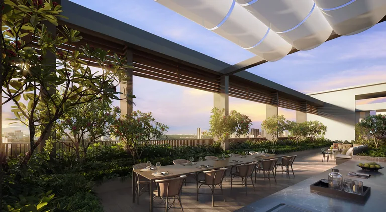 Bloomsbury Residences, artist&rsquo;s impression: the sky dining terrace on a roof garden at sunset, a long table under a sail canopy with planting along the edge