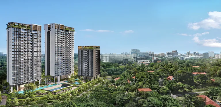 Bloomsbury Residences, artist&rsquo;s impression: the three residential blocks rising beside the green canopy of the Wessex estate, with the red roofs of the black-and-white houses in the foreground and one-north beyond
