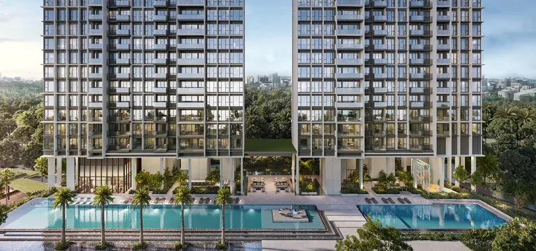 Bloomsbury Residences, artist&rsquo;s impression: two of the residential blocks with balconies on every storey, a row of palms and the pools along their base